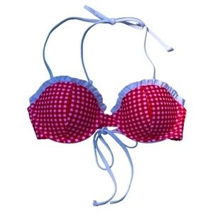 U.S. POLO ASSOCIATION - Red & White Gingham Checked Halter Tie Bikini Top Size M
